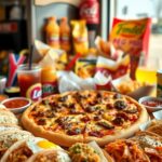 Flick International Vibrant display of gas station food featuring barbecue brisket pizza and colorful breakfast burritos
