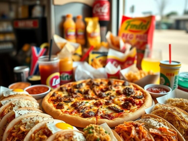 Flick International Vibrant display of gas station food featuring barbecue brisket pizza and colorful breakfast burritos