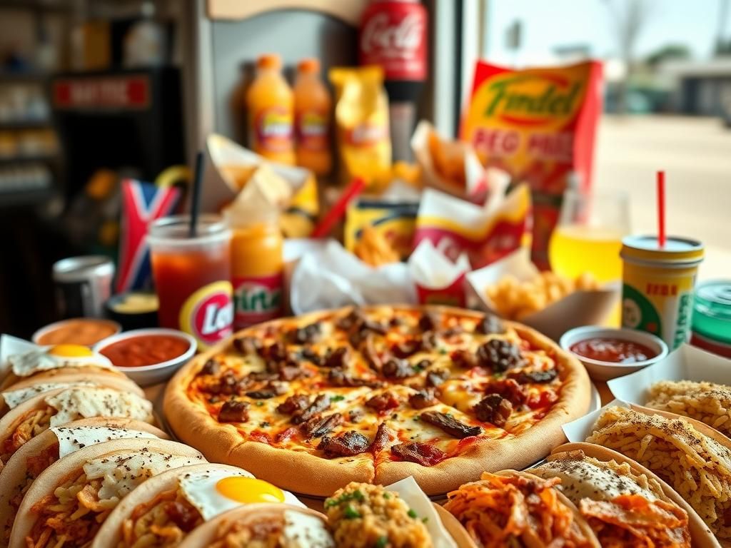 Flick International Vibrant display of gas station food featuring barbecue brisket pizza and colorful breakfast burritos