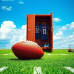 Flick International Vibrant American football on a lush green field next to an empty rookie locker