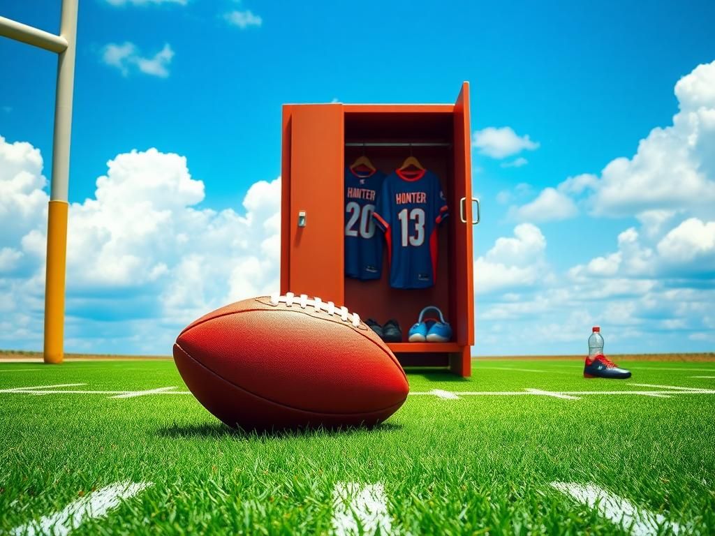 Flick International Vibrant American football on a lush green field next to an empty rookie locker