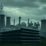 Flick International dramatic nuclear facility scene with towering cooling towers and ominous uranium rods