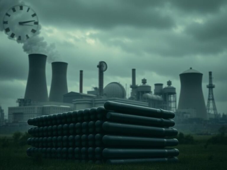 Flick International dramatic nuclear facility scene with towering cooling towers and ominous uranium rods