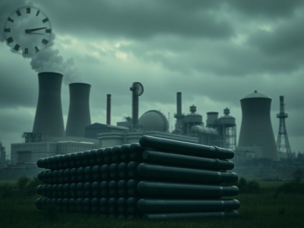 Flick International dramatic nuclear facility scene with towering cooling towers and ominous uranium rods