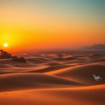 Flick International Serene Middle Eastern landscape at dusk with ancient ruins and sand dunes