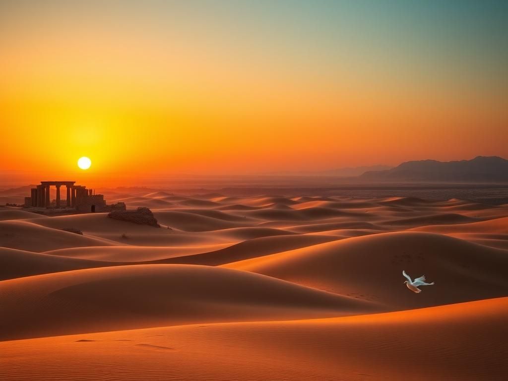 Flick International Serene Middle Eastern landscape at dusk with ancient ruins and sand dunes