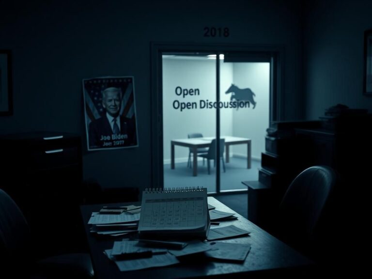 Flick International A dimly lit campaign office with a worn Biden poster illustrating declining support