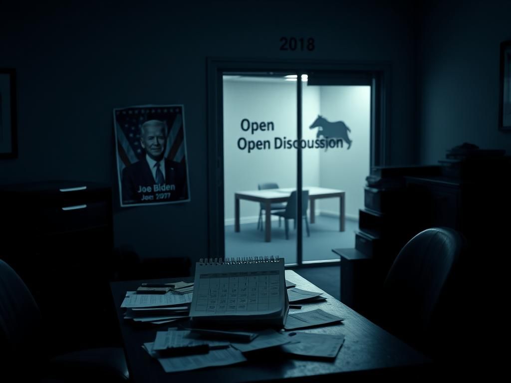 Flick International A dimly lit campaign office with a worn Biden poster illustrating declining support