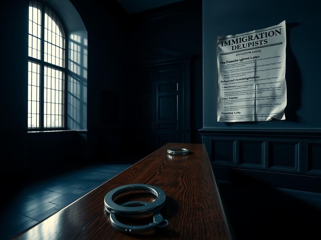 Flick International A dimly lit Virginia courthouse interior with imposing architecture and empty handcuffs on a wooden bench