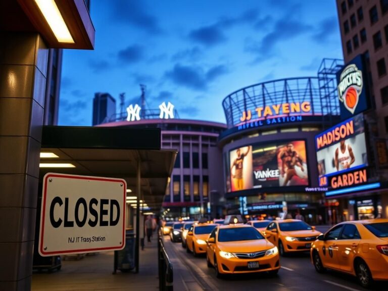 Flick International Desolate NJ Transit station with a CLOSED sign against a backdrop of an illuminated New York City sporting event.