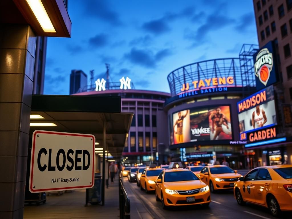 Flick International Desolate NJ Transit station with a CLOSED sign against a backdrop of an illuminated New York City sporting event.