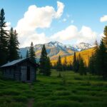 Flick International Serene Sierra Nevada wilderness with a weathered wooden cabin