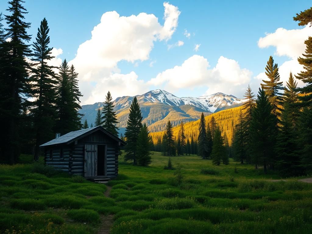Flick International Serene Sierra Nevada wilderness with a weathered wooden cabin