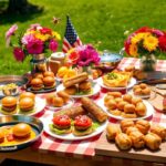Flick International A beautifully set outdoor picnic table with colorful dishes for Memorial Day, featuring cheeseburger sliders, fried mac and cheese balls, and hot dog pizza rolls.