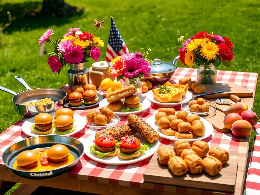 Flick International A beautifully set outdoor picnic table with colorful dishes for Memorial Day, featuring cheeseburger sliders, fried mac and cheese balls, and hot dog pizza rolls.