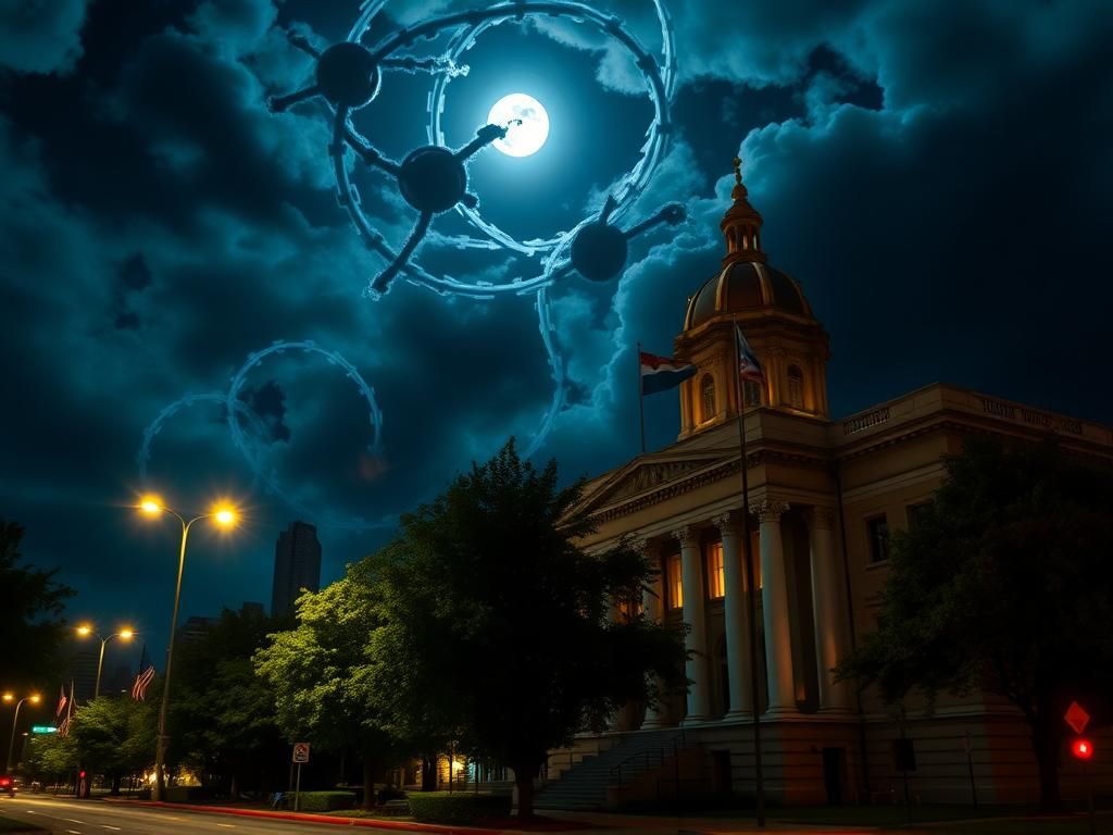 Flick International Dramatic night scene outside a government building in Nashville