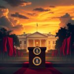 Flick International Dramatic landscape of the White House at dusk with an empty podium and vibrant banners