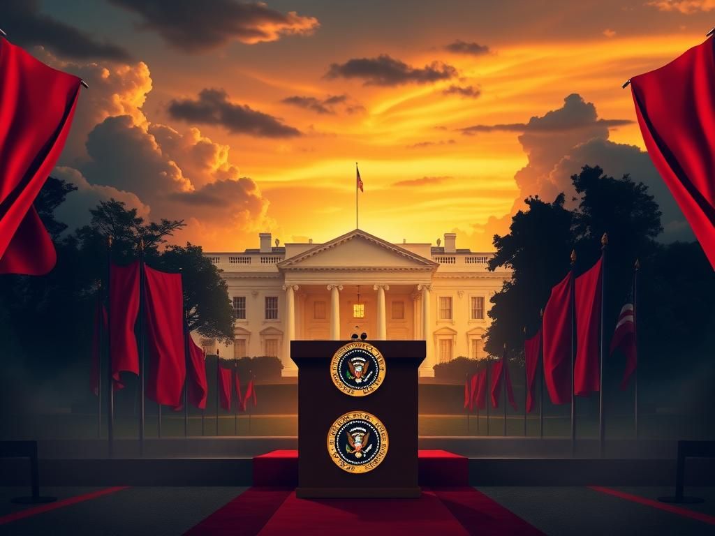 Flick International Dramatic landscape of the White House at dusk with an empty podium and vibrant banners
