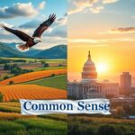 Flick International Split landscape depicting Republican and Democratic ideologies, featuring an American rural scene with an eagle and a bustling urban area with healthcare symbols.