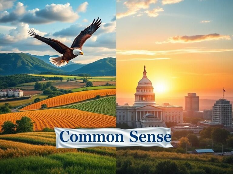 Flick International Split landscape depicting Republican and Democratic ideologies, featuring an American rural scene with an eagle and a bustling urban area with healthcare symbols.