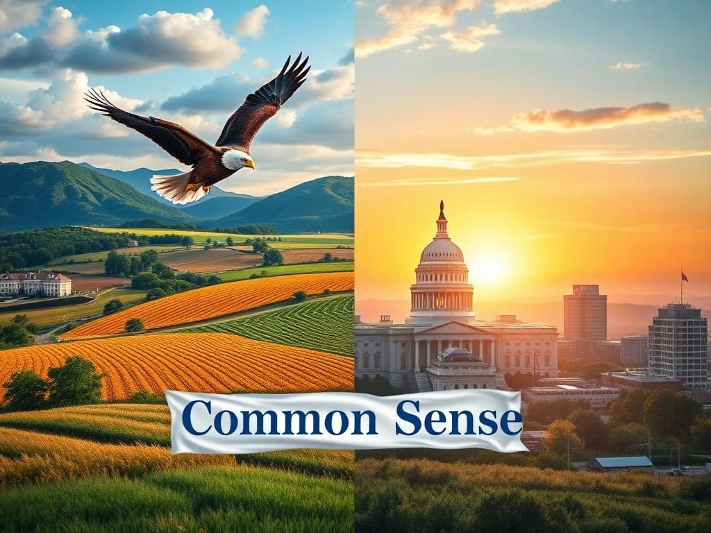 Flick International Split landscape depicting Republican and Democratic ideologies, featuring an American rural scene with an eagle and a bustling urban area with healthcare symbols.