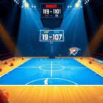 Flick International Dynamic basketball court scene with Denver Nuggets and Oklahoma City Thunder team colors under bright lighting