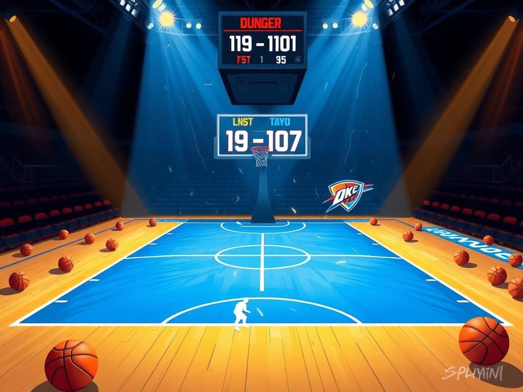 Flick International Dynamic basketball court scene with Denver Nuggets and Oklahoma City Thunder team colors under bright lighting