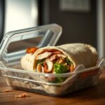 Flick International Close-up of a discarded chicken and bacon ranch wrap with visible ingredients in a plastic clamshell package