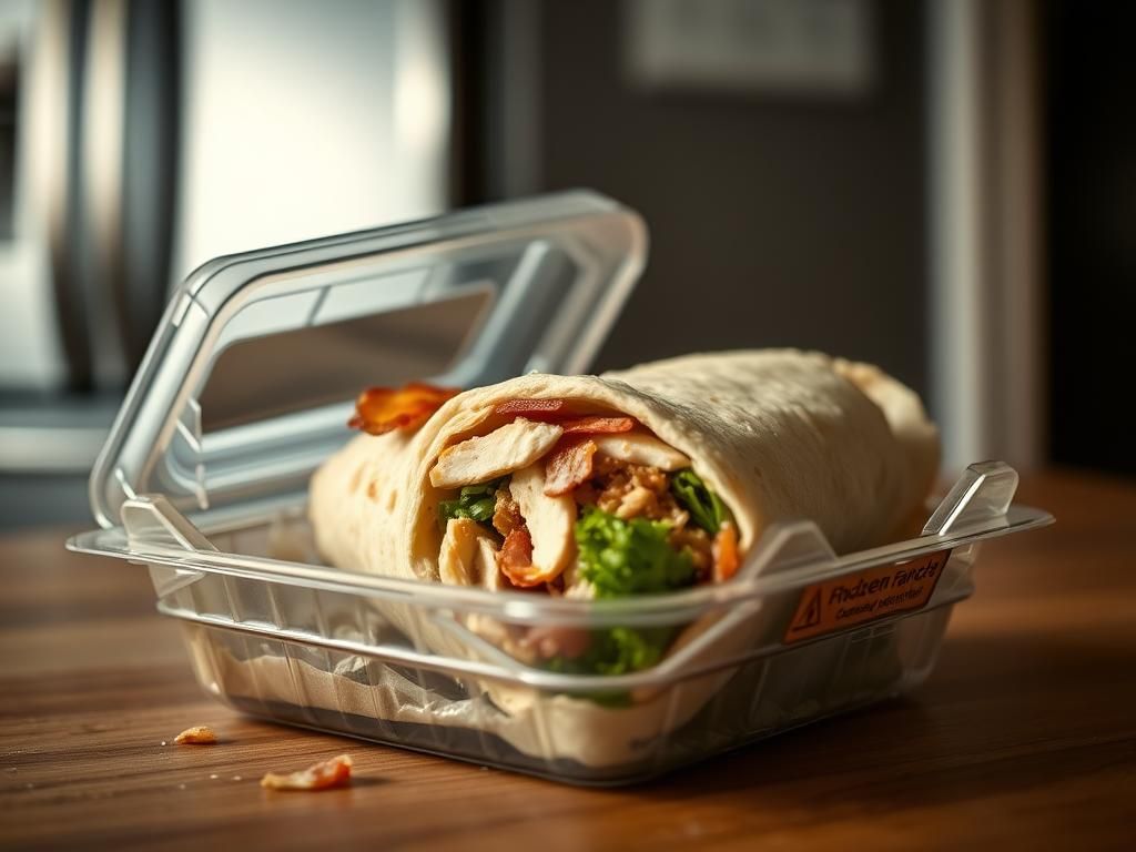 Flick International Close-up of a discarded chicken and bacon ranch wrap with visible ingredients in a plastic clamshell package