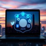 Flick International Silhouette of a badge with a laptop displaying social media icons set against a twilight city skyline