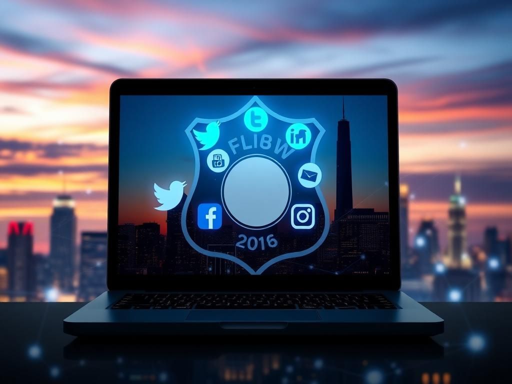 Flick International Silhouette of a badge with a laptop displaying social media icons set against a twilight city skyline