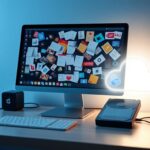 Flick International A modern workspace showcasing a cluttered digital desktop with various icons and an open external hard drive.