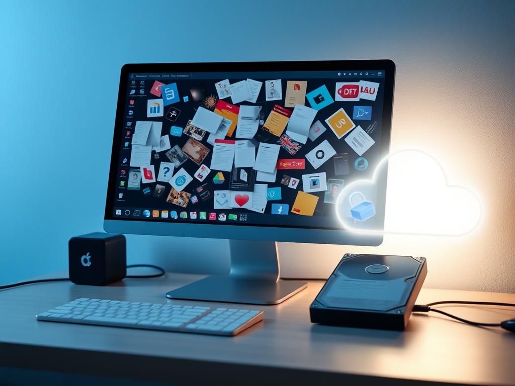 Flick International A modern workspace showcasing a cluttered digital desktop with various icons and an open external hard drive.