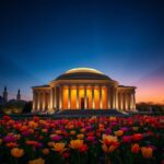 Flick International Iconic Kennedy Center illuminated at twilight surrounded by spring flowers
