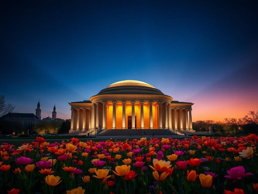 Flick International Iconic Kennedy Center illuminated at twilight surrounded by spring flowers