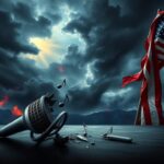 Flick International Abstract representation of a stormy landscape symbolizing political turmoil with a shattered microphone and scattered music notes