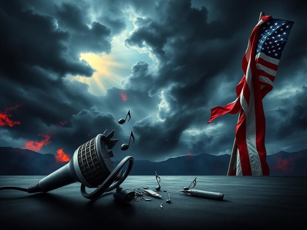 Flick International Abstract representation of a stormy landscape symbolizing political turmoil with a shattered microphone and scattered music notes