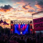 Flick International Vibrant concert stage with electric guitar and American flags