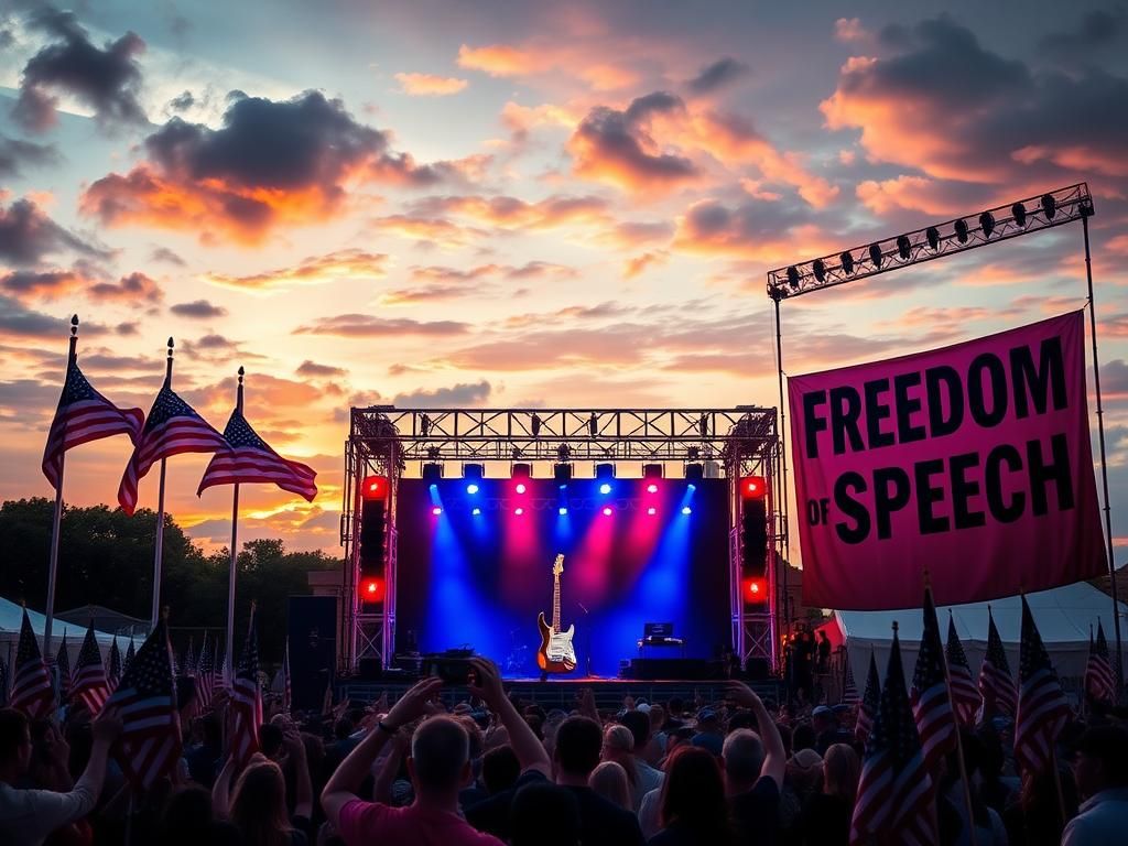 Flick International Vibrant concert stage with electric guitar and American flags