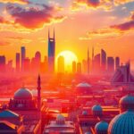Flick International A vibrant Middle Eastern city skyline at sunset with skyscrapers and mosques