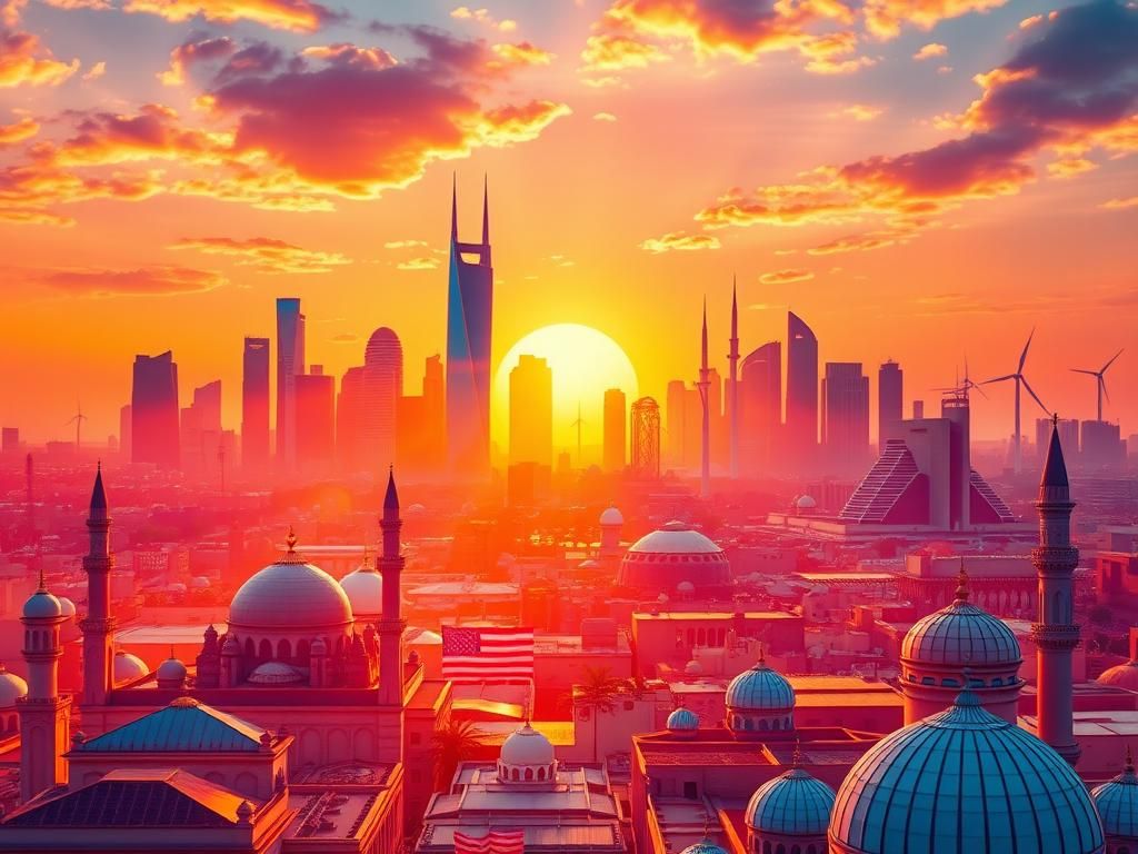 Flick International A vibrant Middle Eastern city skyline at sunset with skyscrapers and mosques