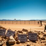 Flick International Desert landscape showing weathered 'Restricted Area' signs near the U.S.-Mexico border