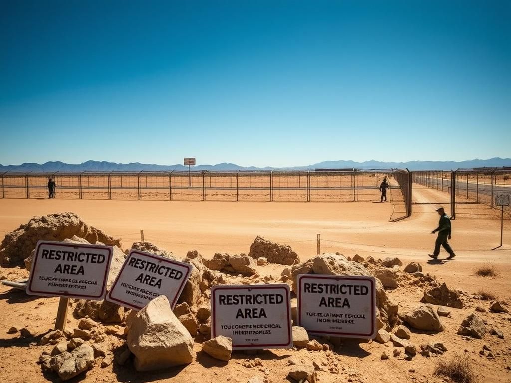 Flick International Desert landscape showing weathered 'Restricted Area' signs near the U.S.-Mexico border