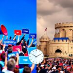 Flick International A split-screen image showcasing contrasting political campaigns with a vibrant Democratic scene on the left and a subdued Republican rally on the right.