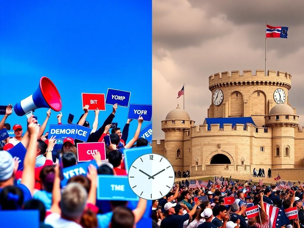 Flick International A split-screen image showcasing contrasting political campaigns with a vibrant Democratic scene on the left and a subdued Republican rally on the right.