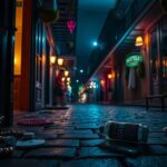 Flick International Dimly lit alleyway in the French Quarter with cobblestone streets and vintage street lamps