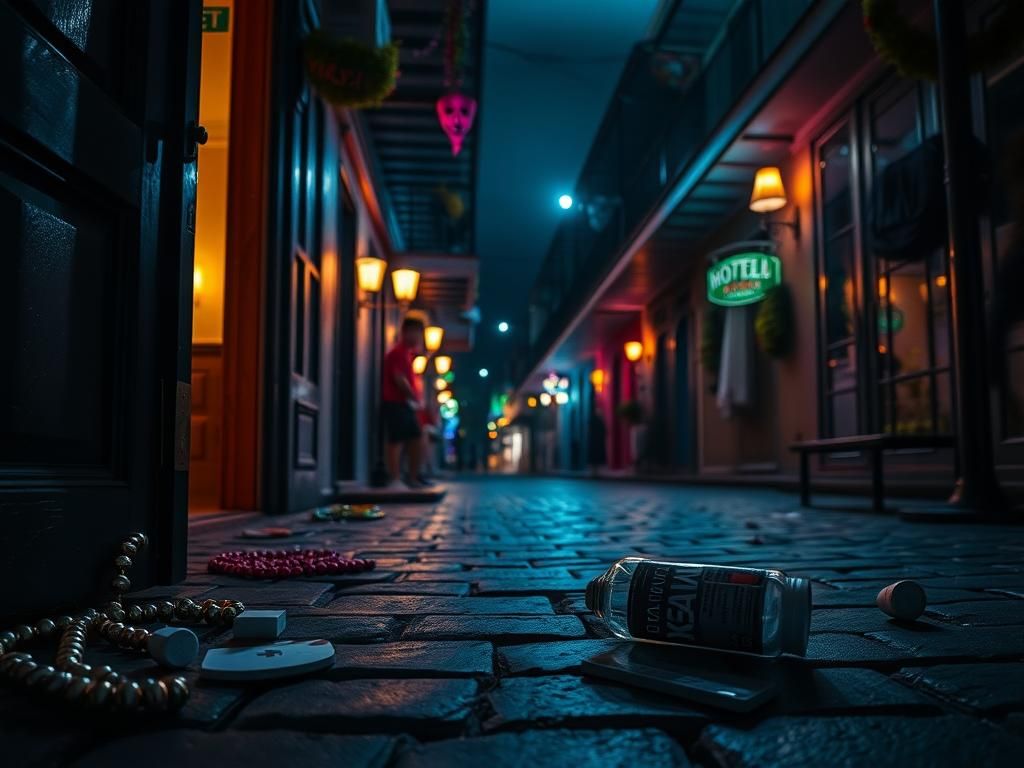 Flick International Dimly lit alleyway in the French Quarter with cobblestone streets and vintage street lamps