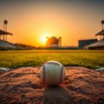 Flick International A vintage baseball resting on home plate at a sunset-lit baseball diamond, symbolizing nostalgia and legacy