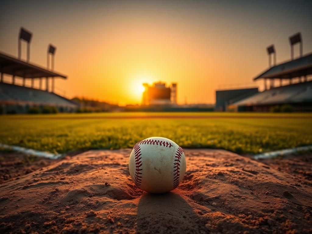 Flick International A vintage baseball resting on home plate at a sunset-lit baseball diamond, symbolizing nostalgia and legacy