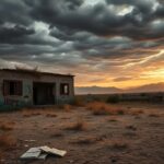 Flick International A desolate Afghan landscape under a turbulent sky, showcasing a decaying building with faded murals.